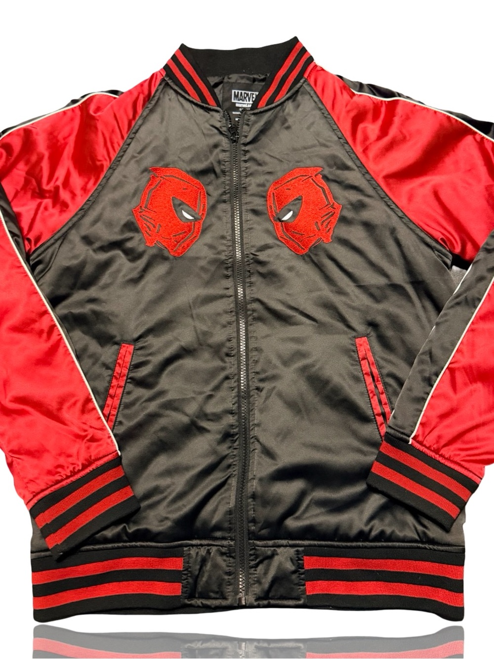 Marvel Deadpool Bomber Jacket Mens Size M Red/Black Embroidered Full Zip